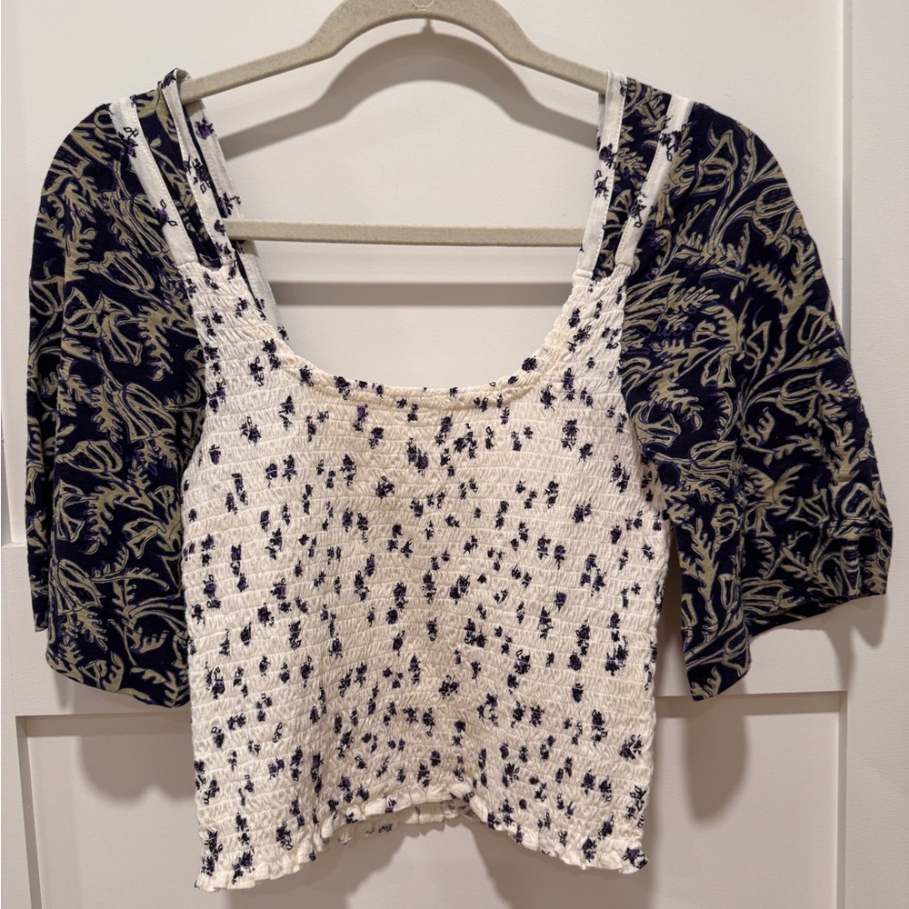 Free People Navy and Cream Floral Top